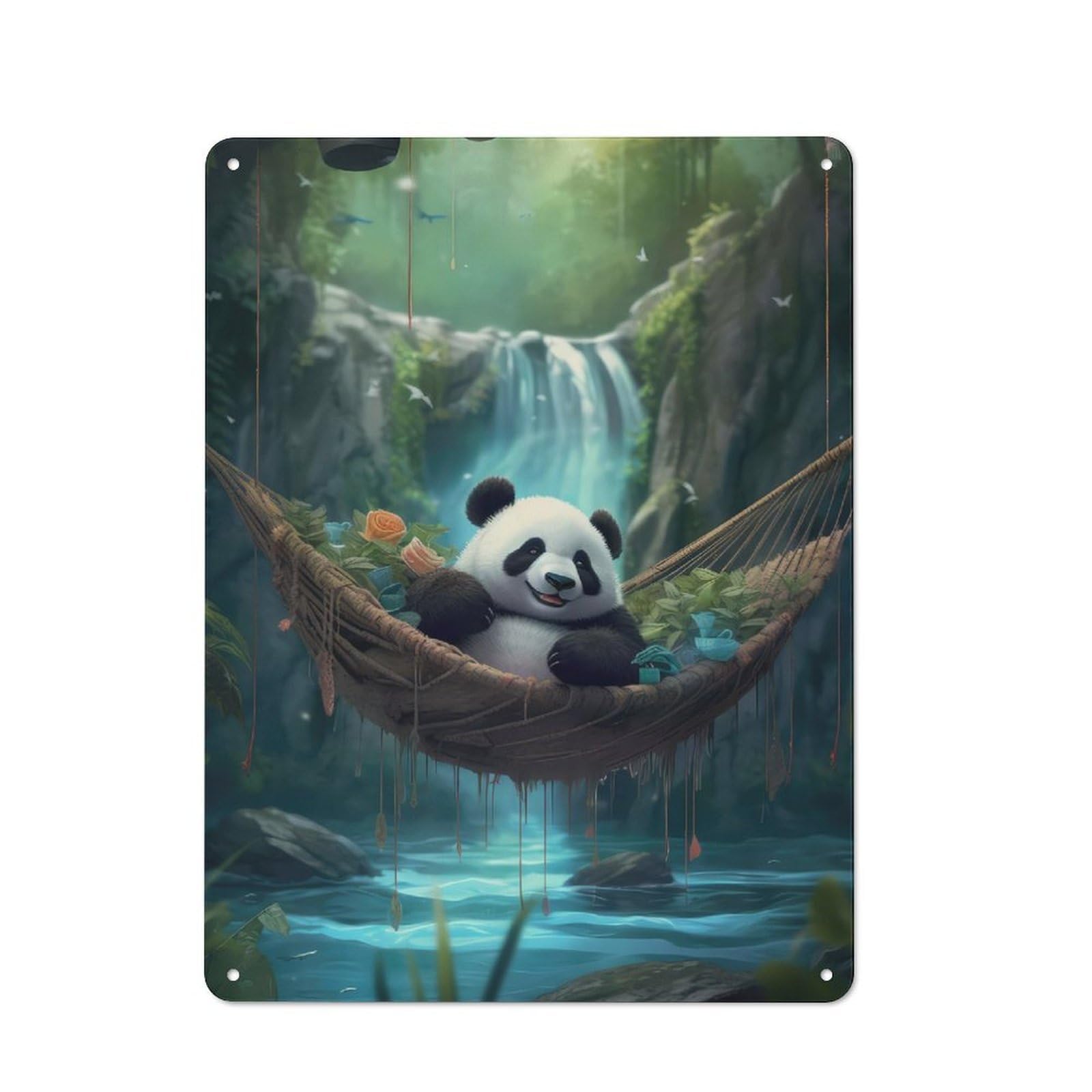 Junmoney Panda In Hammock Waterfall Metal Plaque 40X30cm With For Workshop Wall, Retro Decor, A New Home Gift For Collectors Of Metal Signs
