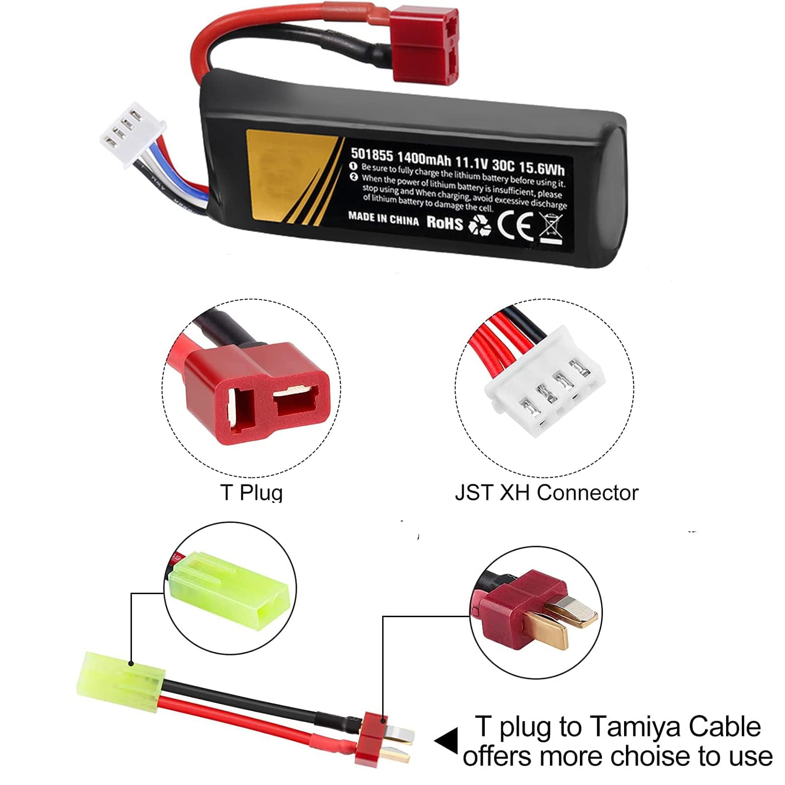 Batteria Airsoft 11.1V 3S 30C 1400mAh Batteria LiPo Ricaricabile con Presa a T a connettore cavo Mini Tamiya Caricabatterie USB per pistole modelli Airsoft Batterie Gel Accessori 2 PZ