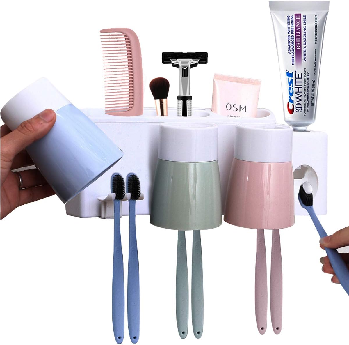 MEIJUBOL Toothbrush Holder Wall Mounted Storage Set with Automatic Toothpaste Squeezer 3 Cups and 6 Slots for Family Kid Bathroom Shower Marble