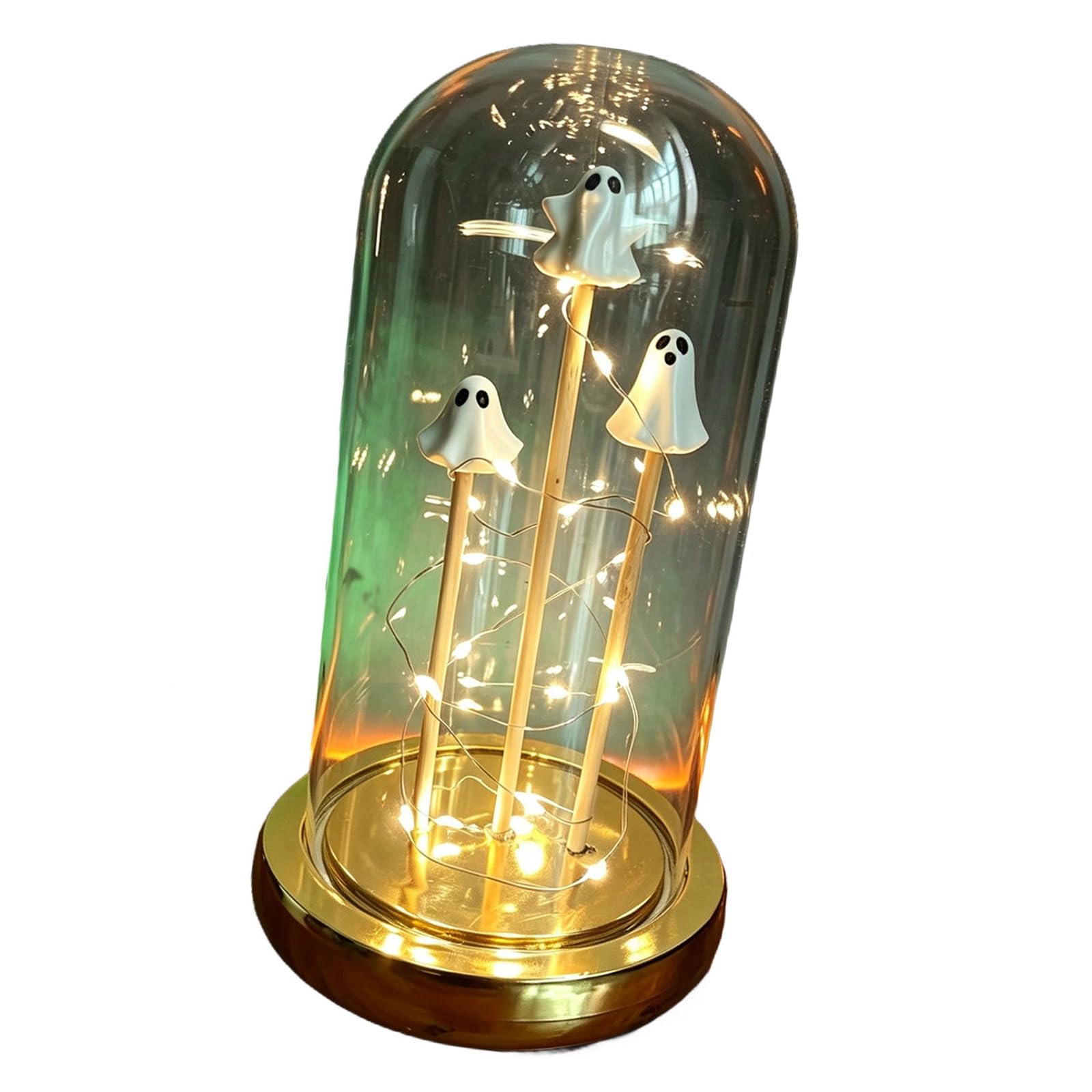 Tabletop Halloween Figure Light Accent 11cm Height, 8.3in Profile Dome Decor for Shelf Mantel Display Indoor Home Light Up Ghosty in Glass Cloche Halloween Ghosty Decorations Figure Tabletop Accent