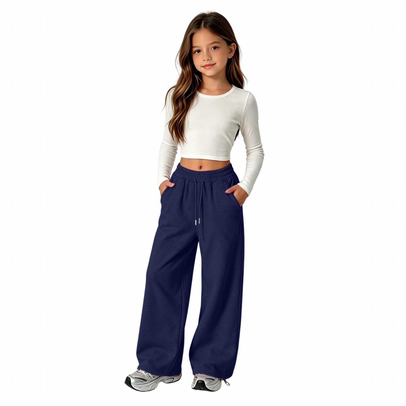 Girls Baggy Sweatpants Wide Leg Straight Pants Drawstring Youth Joggers Casual Sweat Pants with Pockets Streetwear 9-10 Years Navy