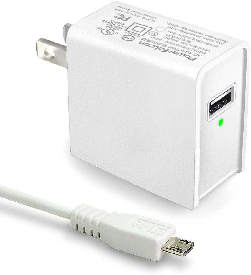 PowerFalcon 12W (5V/2.4A, UL Certified) Travel Wall Charger (White), Builtin Smart IC for iPhone X/8/7/6s/8 Plus, Samsung Galaxy S7 / S6 / Edge/Plus, Fire 8, Foldable Plug + 80cm Micro-USB Cable