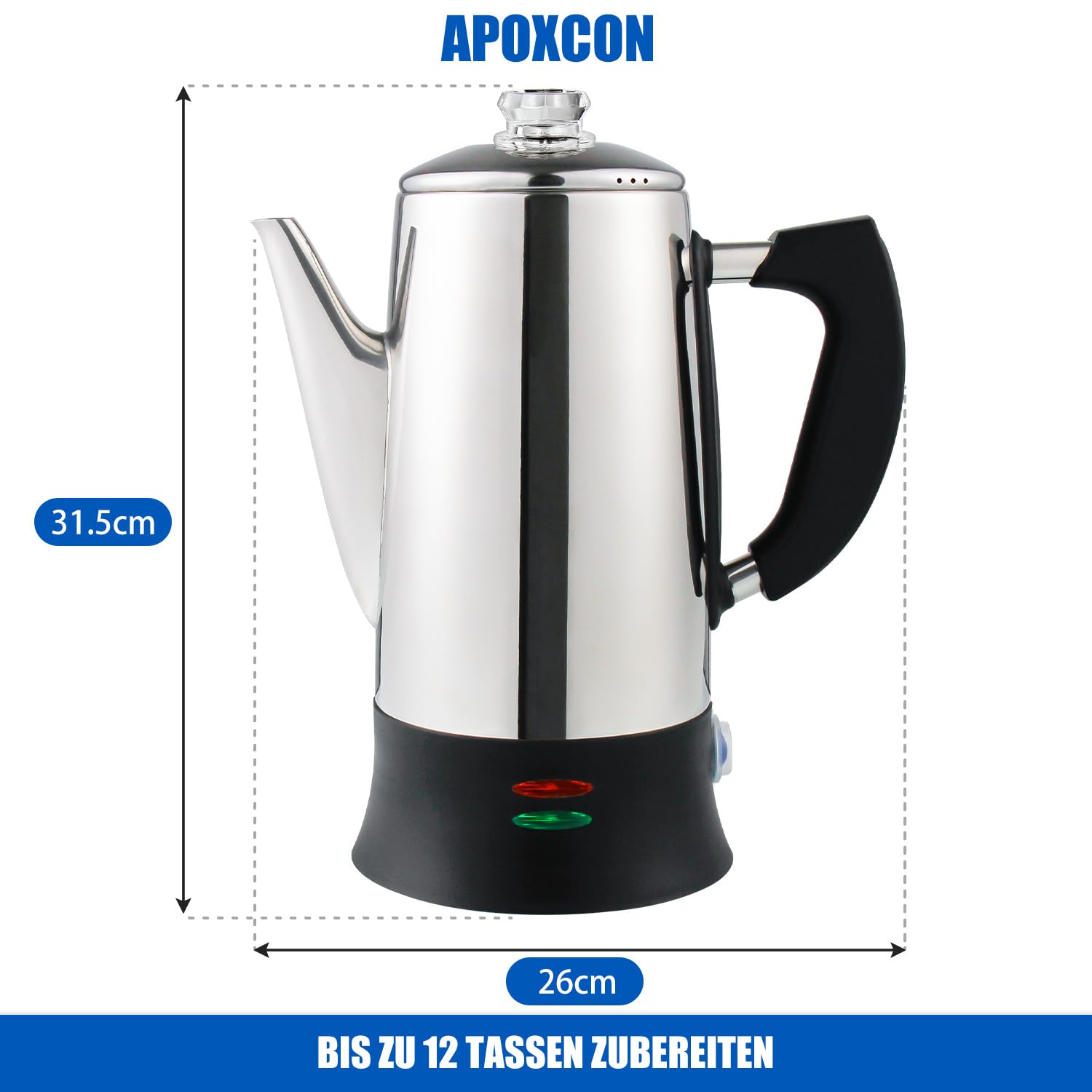 APOXCON Elektrischer Kaffee Perkolator für 12 Tassen, Schnellbrüh-System mit hitzebeständigem Glasknopf für Zuhause und Büro, Kabellos, CE-Zertifiziert