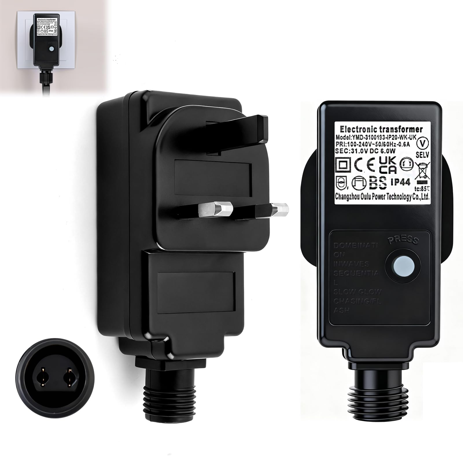 31V Transformer Plug for Christmas Lights 31V Outdoor Adapter Replacement Plug 6W Adapter with 8 Modes Timer & Memory Waterproof Power Supply 3 Pin Plug for Christmas Tree/Net/Curtain Lights Black