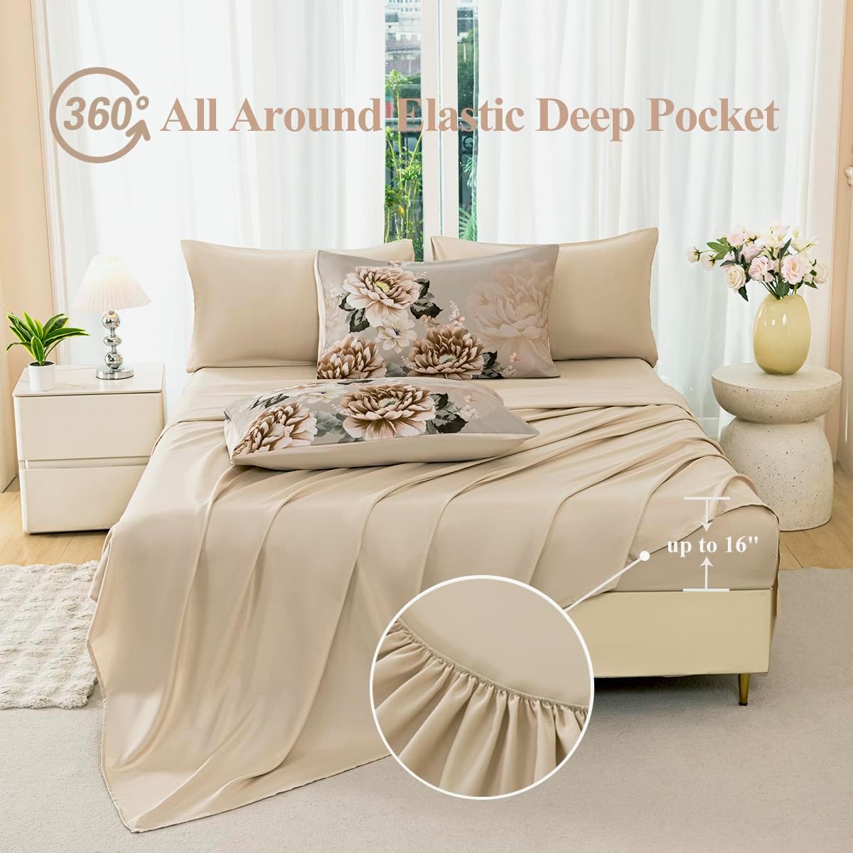 Queen Bed Comforter Set Khaki Floral Bedding Sets Floral Bed Sets for Women Gorgeous 7 Pieces Bed in A Bag with Peony Pattern(Khaki, Queen) - Image 5