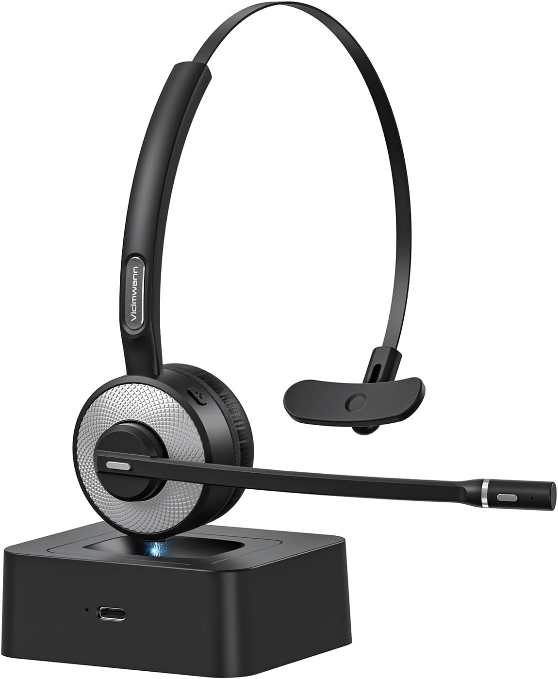 Wireless Bluetooth Headset V5.3 with Noise Cancelling Mic, Mute Button, Multipoint, and Charging Base