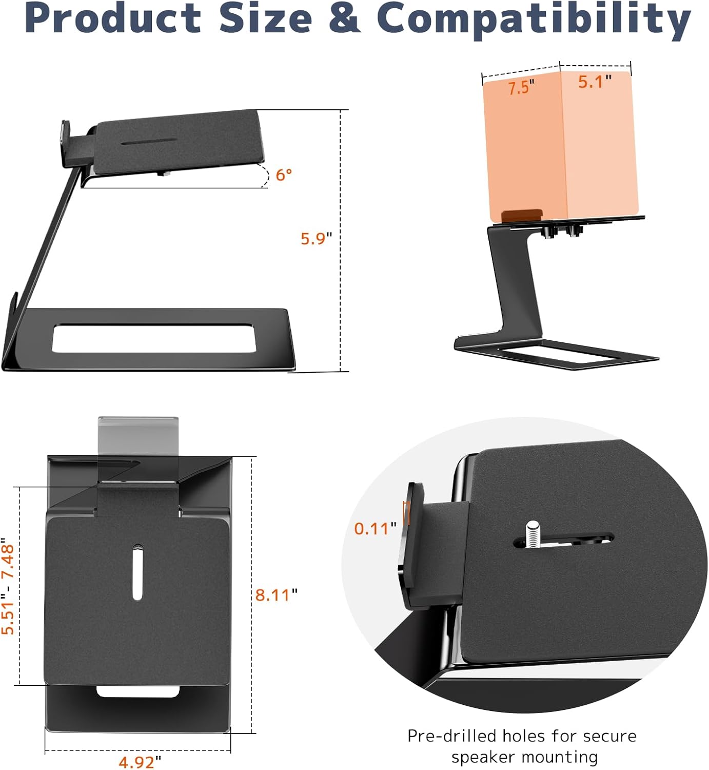 PUTORSEN Desk Speaker Stands,Desktop Speaker Stands for Most Small & Medium Bookshelf Speakers, Computer Speakers,Depth Up to 7.71in,6 Tilt Angle,Speaker Risers with Vibration Absorption Pad, Black