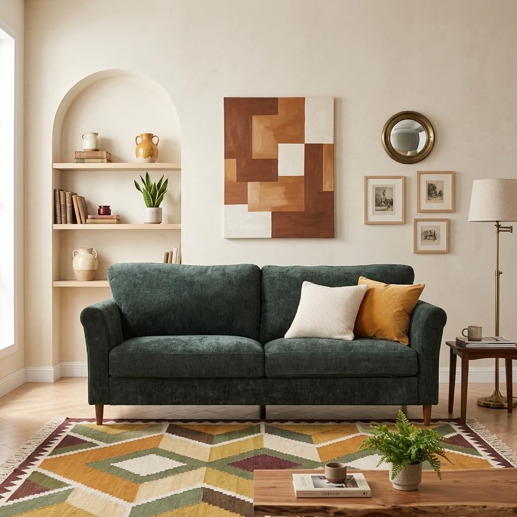 80" Loveseat Sofa, Mid Century Modern Love Seat Couches for Living Room, Linen Upholstered Furniture with Armrests, Removable Cover, Deep Spring Cushions, Comfy Couches for Bedroom/Office, Green