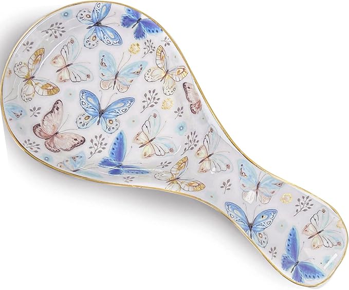 LEAZUL Ceramic Spoon Rest for Stove Top Kitchen Counter Large Spoon Holder Farmhouse Floral Flowers Print Coffee Spoon Cooking Utensil Tools Rest Modern Kitchen Decor
