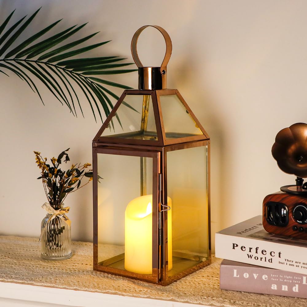 JHY DESIGN Lanternes décoratives en Or Rose 34 cm de Hauteur Lanternes à Bougie en Acier Inoxydable avec Verre trempé.pour intérieur extérieur, événements, fêtes et Mariages