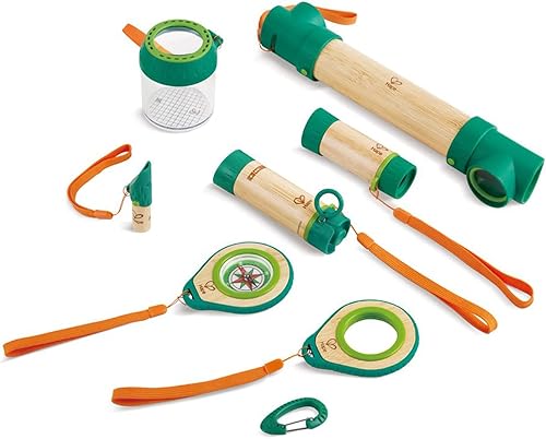 Hape 8 en 1 Nature Fun - Kit explorador de bambú para niños de 4 años en adelante con linterna de trabajo, telescopio, brújula, periscopio y tarro