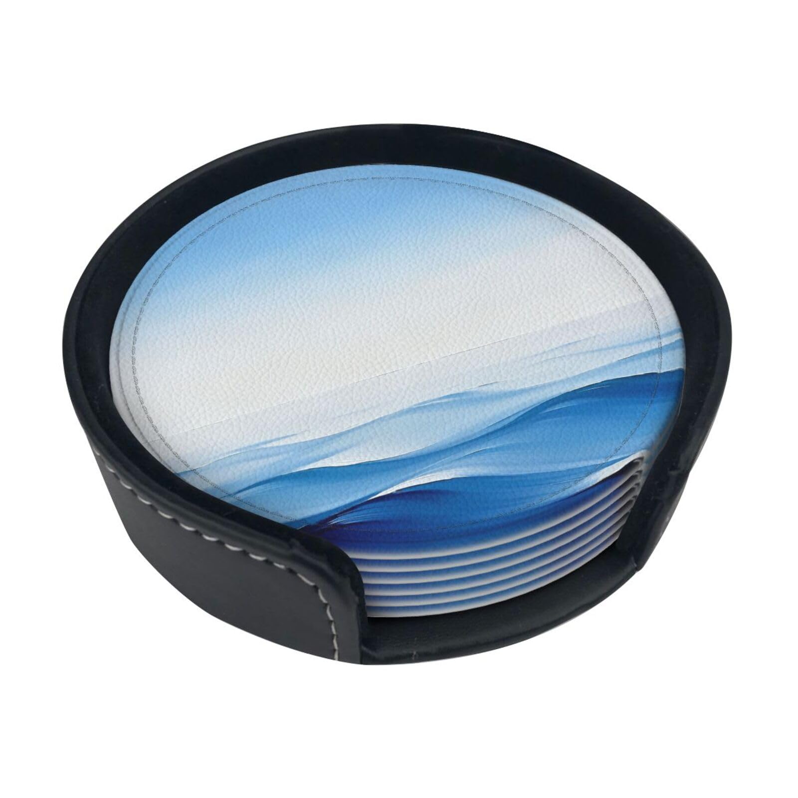 Cntdbu White Marina Blue Wave Leather Coasters Set Of 6-Pu Leather Drink Mats For Table, Heat Resistant Round Coasters With Holder