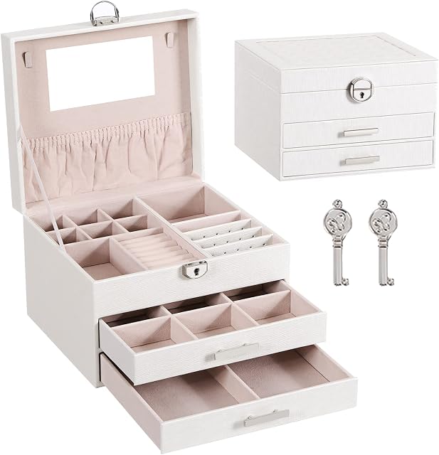 ANWBROAD Jewellery Box for Girls Jewellery Organizer Box with 3 Drawers Mirror and Lock Soft Lining for Girls Earring Necklace Ring and Jewels Women Jewellery Box JJB010W