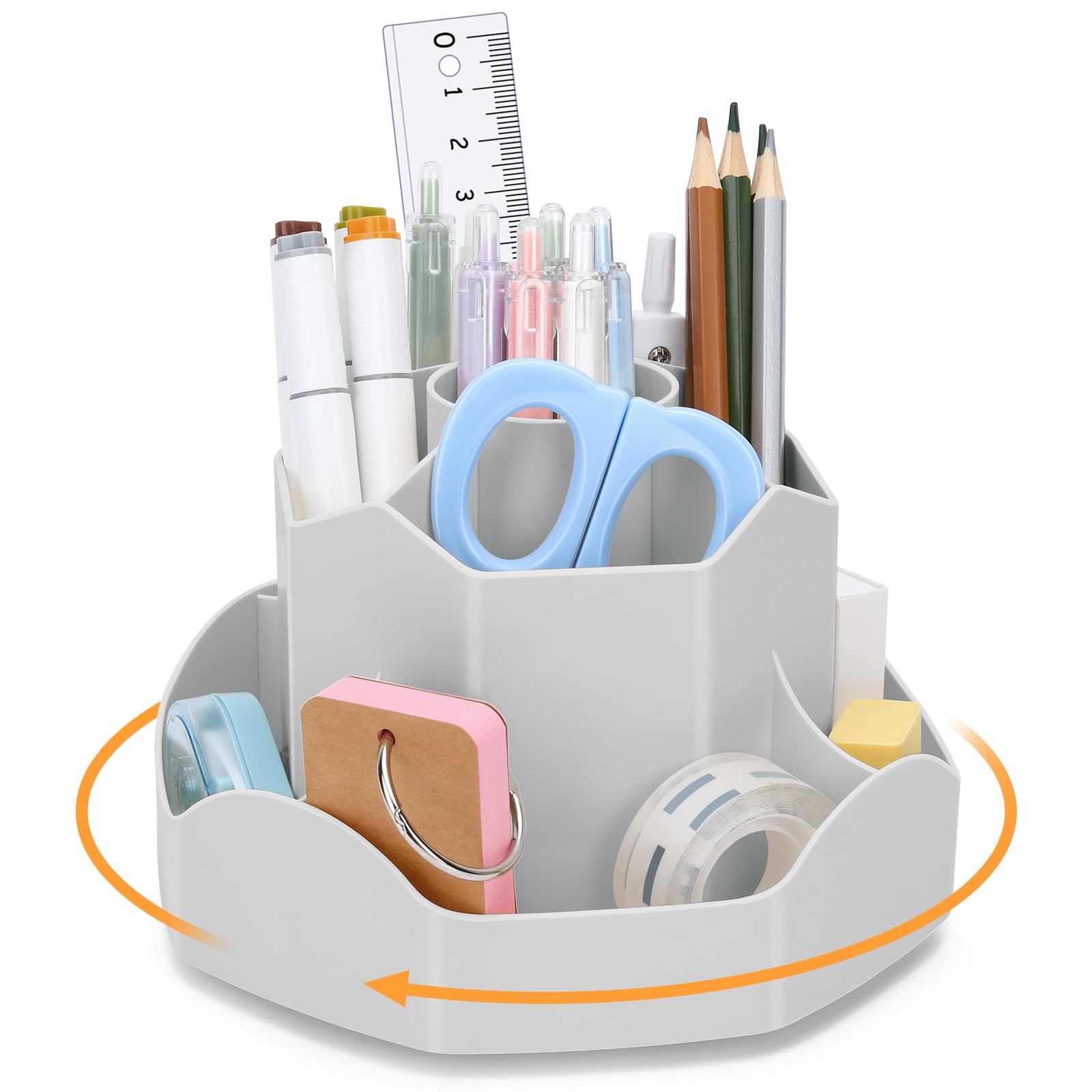 Euqvunn Rotating Pen Holder, Desk Tidy Organiser with 9 Independents, Space-Saving Pencil Pot for Kids, 360° Swivel Makeup Organiser,Modern School Office Supplies Pen Pot Keep Desk Tidy (Grey)