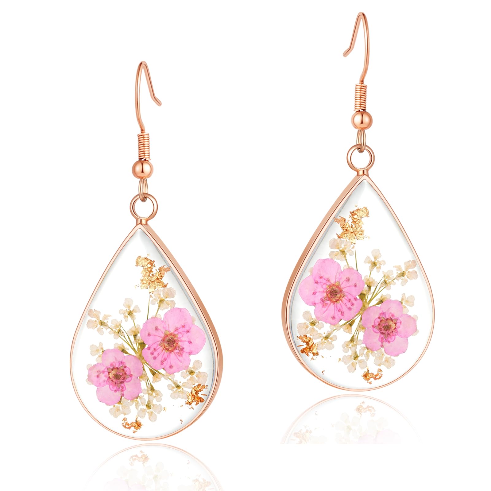 Real Pressed Flower Earrings for Women, Handmade Boho Chic Dangle Design, Unique Floral Jewelry, Cute and Thoughtful Gift for Christmas, Valentine’s &amp; Mother’s Day