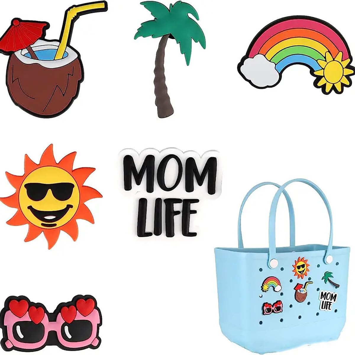 Decoendiy 10Pcs Charms for Bogg Bags,Beach Bag Charms,Coconut/Rainbow/Tree/Sunglasses for Bogg Bag,Letter Decorative for Handbag Beach Tote Bag,Random