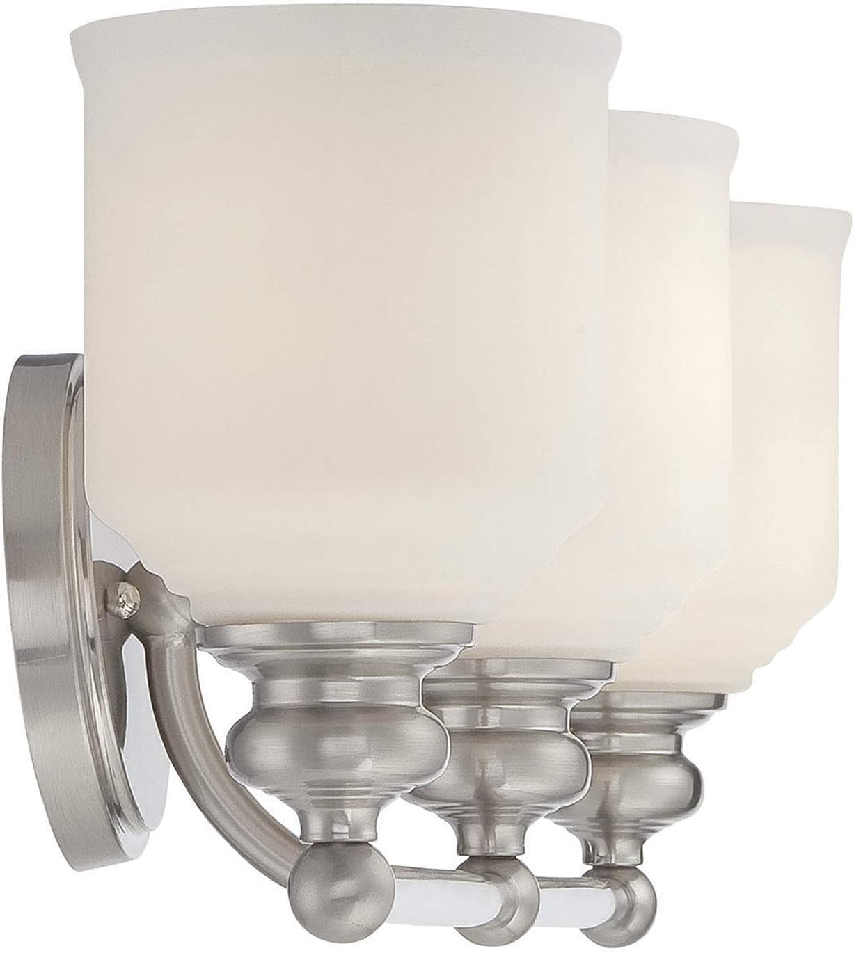 Savoy House 8-6836-3-SN Melrose Mid-Century Modern Vintage White Opal Etched Glass Bathroom Vanity, 3-Light 180 Total Watts, 8" H x 24" W, Satin Nickel