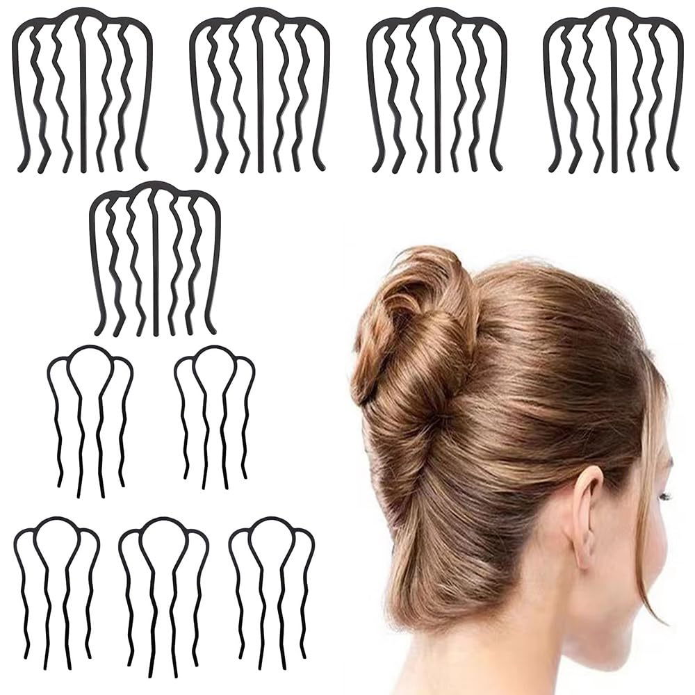 夜会巻きコーム 髪留め かんざし コーム ヘアクリップ、ヘアアクセサリー、お団子、イブニングウェア、U字ピン、シンプルなお団子、結婚式、卒業式、入学式、宴会などに適しています（ 10個セット ブラック ）