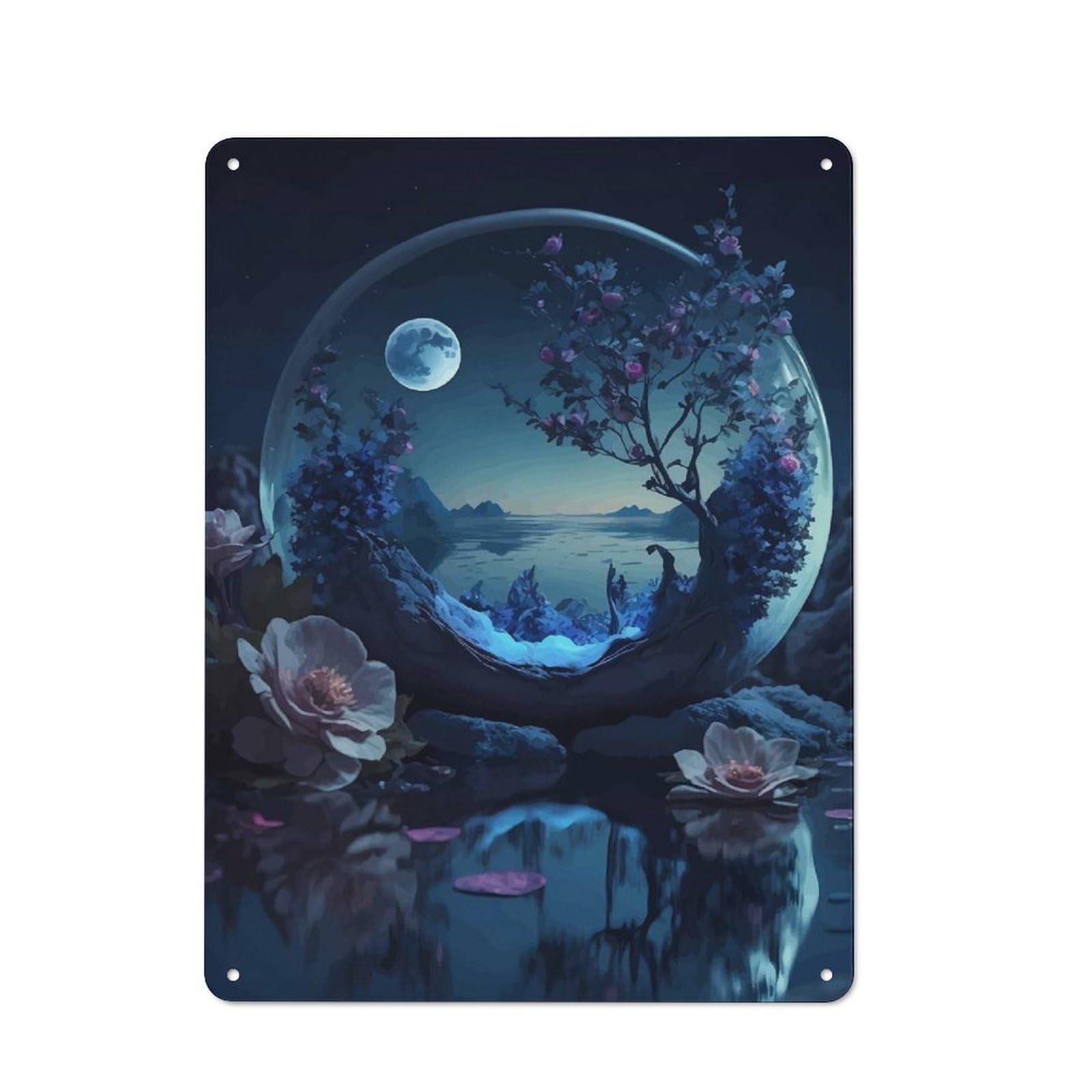 Junmoney Style-22 Enchanted Nightscape In Glass Orb Retro Tin Wall Plaque 40X30cm For Hobby Room Or Studio, For Garage, Workshop And Man Cave Decoration