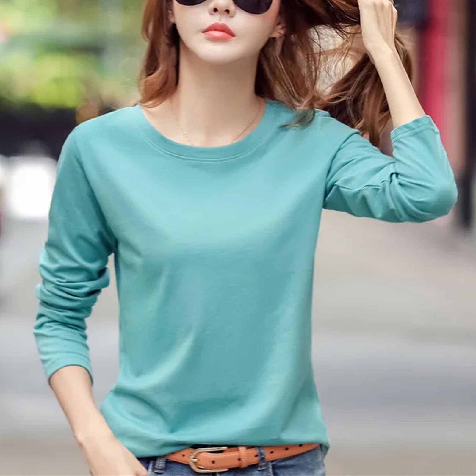 Manica lunga Donna Girocollo Top Bottoming Camicia Plus Size Large Size T-Shirt Cotone Tinta unita Abbigliamento Donna