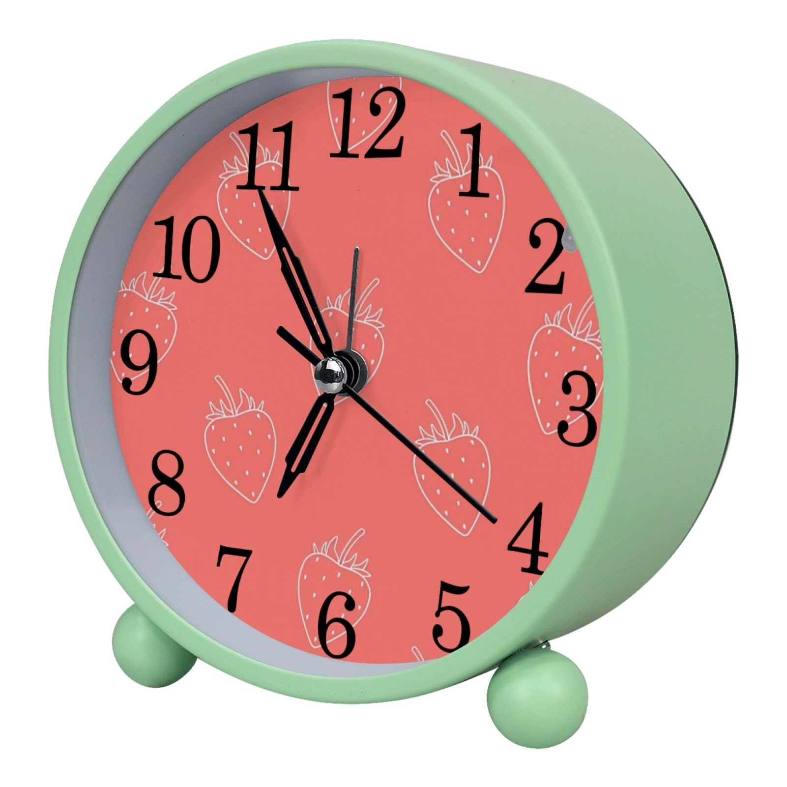 etoenbrc Red Strawberry Fruit Round Battery Operated Bedside Alarm Clock Non-Ticking Desktop Silent Analog Alarm Clock with Light