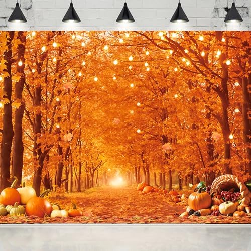 7x5ft Fall Window Photography Backdrop Autumn Forest Rustic Orange Pumpkin Harvest Hay Sunset Natural Scenery Maple Leaves River Harvest Banner Decoration Studio Props Party Backdrop