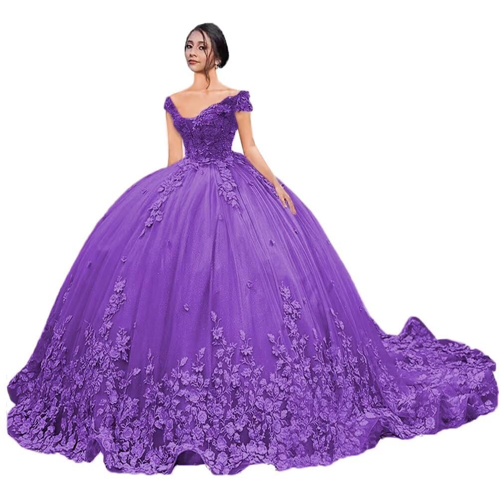 Mouccy Gorgeous Lace Beaded Quinceanera Dresses Puffy Off Shoulder Sweet 16 Dress with Train 3D Floral Prom Dress Ball Gown