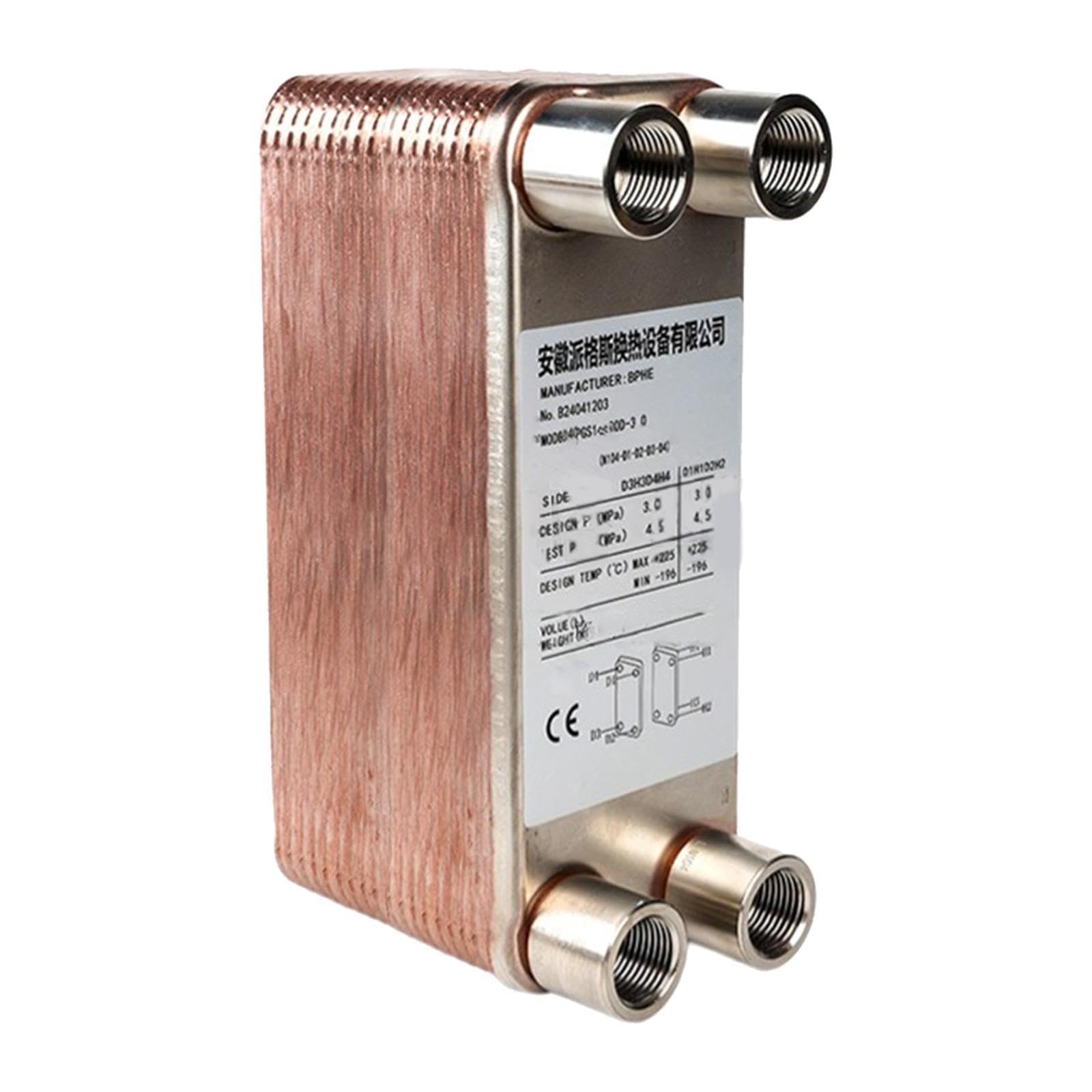 Échangeur à Plaques Brasées Compact pour Systèmes de Chauffage et Refroidissement Ports NPT Femelles 1/2 Pouce Adapté aux Applications, 20 Assiettes