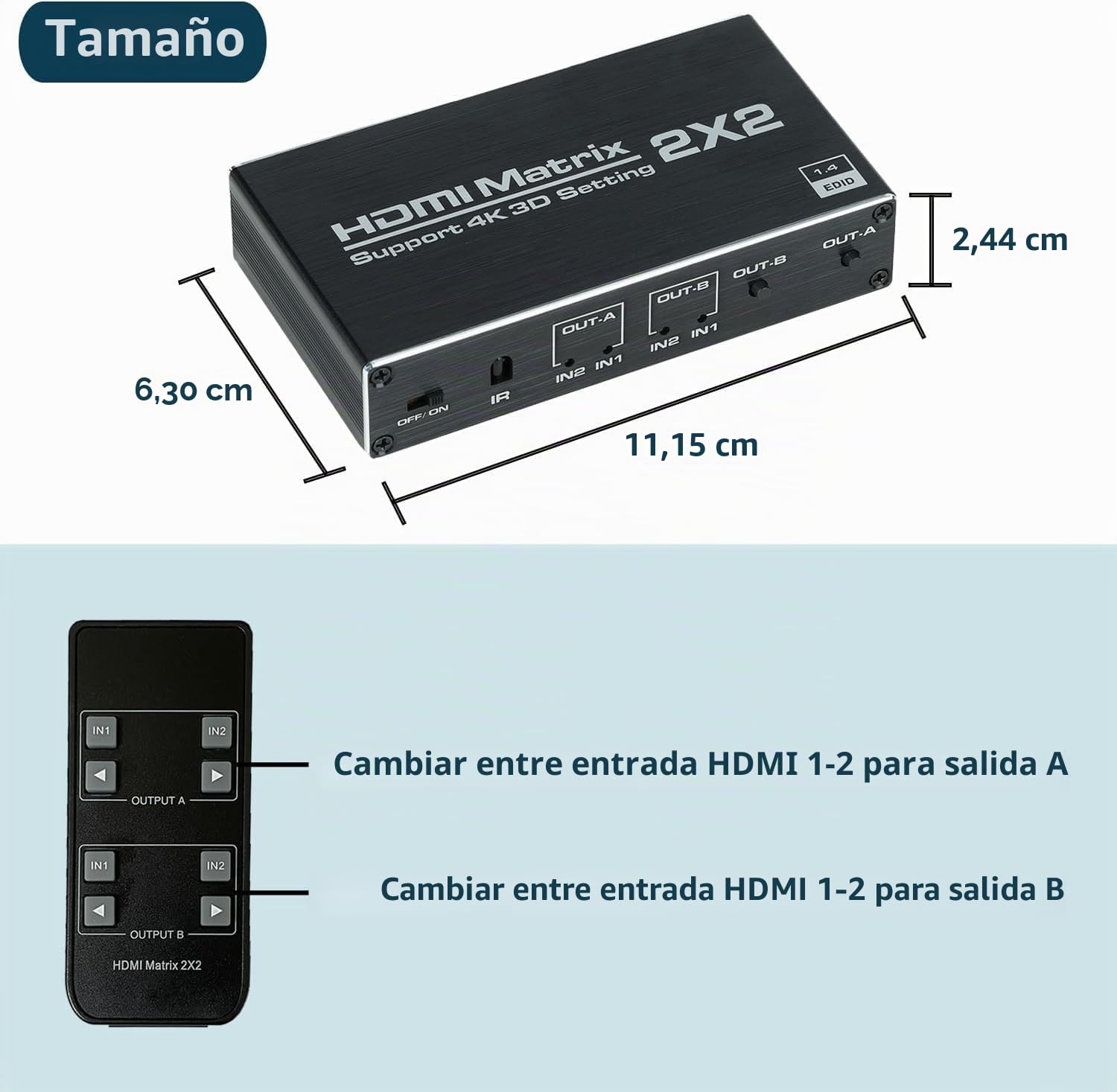 Conmutador de matriz HDMI 2x2 2 en 2 salidas con control remoto IR compatible con Ultra 4K @60Hz YUV 4:2:0, 4K @30Hz, 3D, 1080P, HDMI 1.4, HDCP 1.4