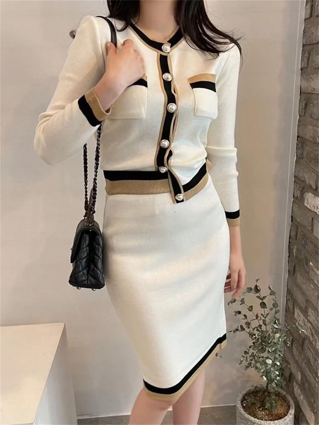 Set gonna da donna a maniche lunghe, tasche + gonna al ginocchio a vita alta in maglia, 2 pezzi