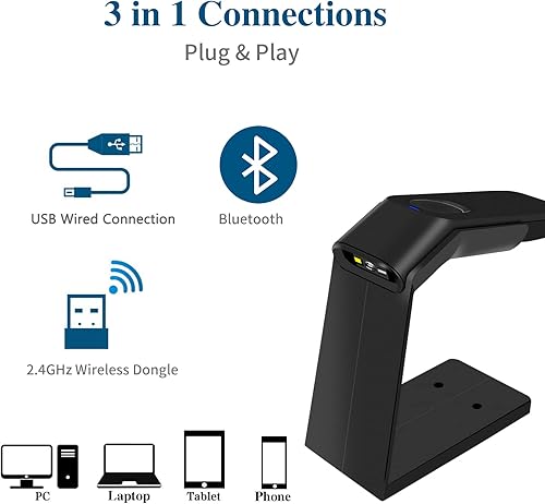 Miniatura 3 de Escáner de código de barras inalámbrico con soporte, compatible con Bluetooth, conexión inalámbrica y con cable de 2.4 GHz, todo en uno para