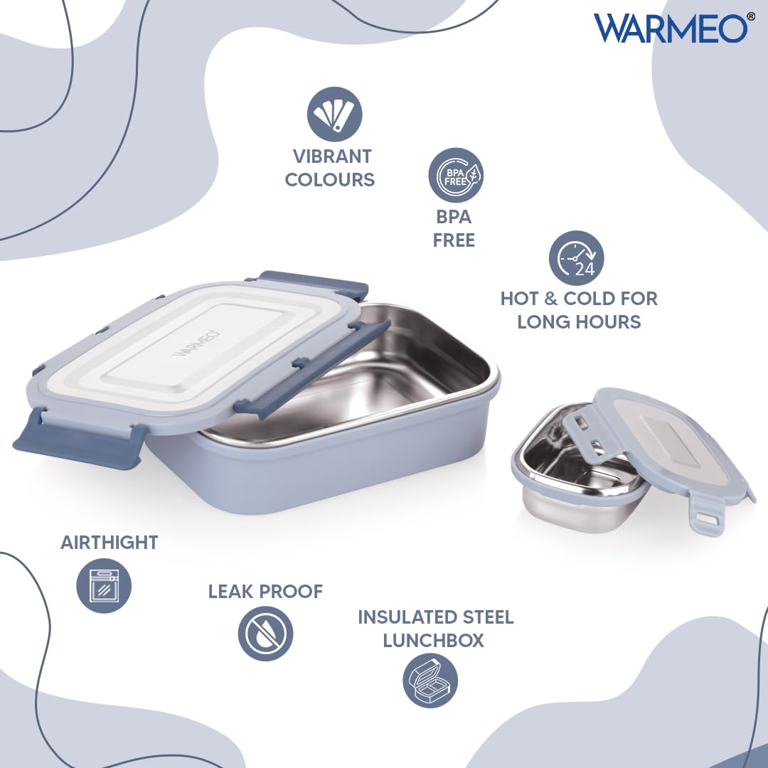 WARMEO Delight Insulated Stainless Steel Airtight Leak-Proof Lunch Box with Clip Lock Lid,Light Weight, Easy to Clean, Perfect for Office, School, Picnic & Travelling, Combo(800ml+150ml), Blue & Grey — Amazon image 3