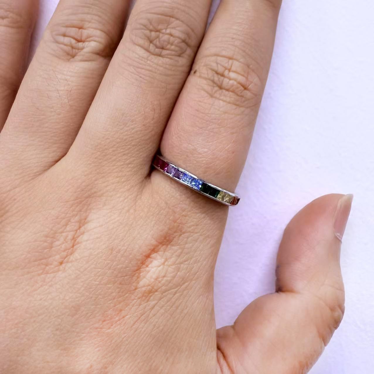 Kokoma Rainbow Crystal Stacking Ring for Women Colorful Cubic Zirconia Thin Finger Band Statament Rings Wedding Bands Promise Engagement Dainty Jewelry - Image 2