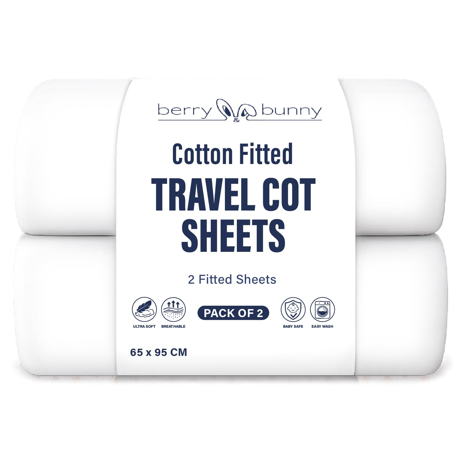 Berry & Bunny White + White Berry And Bunny 100% Cotton Jersey Travel Cot Sheets Pack Of 2, Soft Breathable Baby Fitted Sheets 65 X 95 Cm, Elasticated Deep Fitted Sheet, Baby Bedding All Seasons