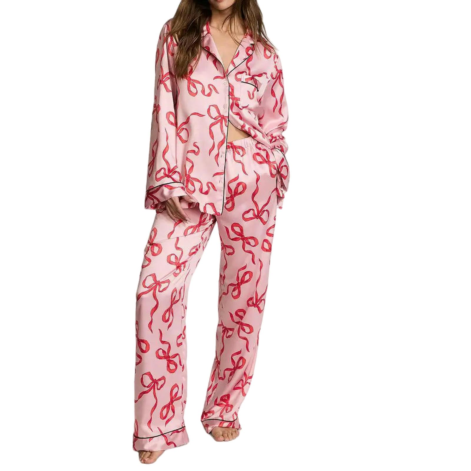 Pigiama in Raso da Donna 2 Pezzi Set A Maniche Lunghe con Risvolto al Collo Camicia Stampa Fiocco Stella Top + Pantaloni Vita Elastica Sleepwear-6-l