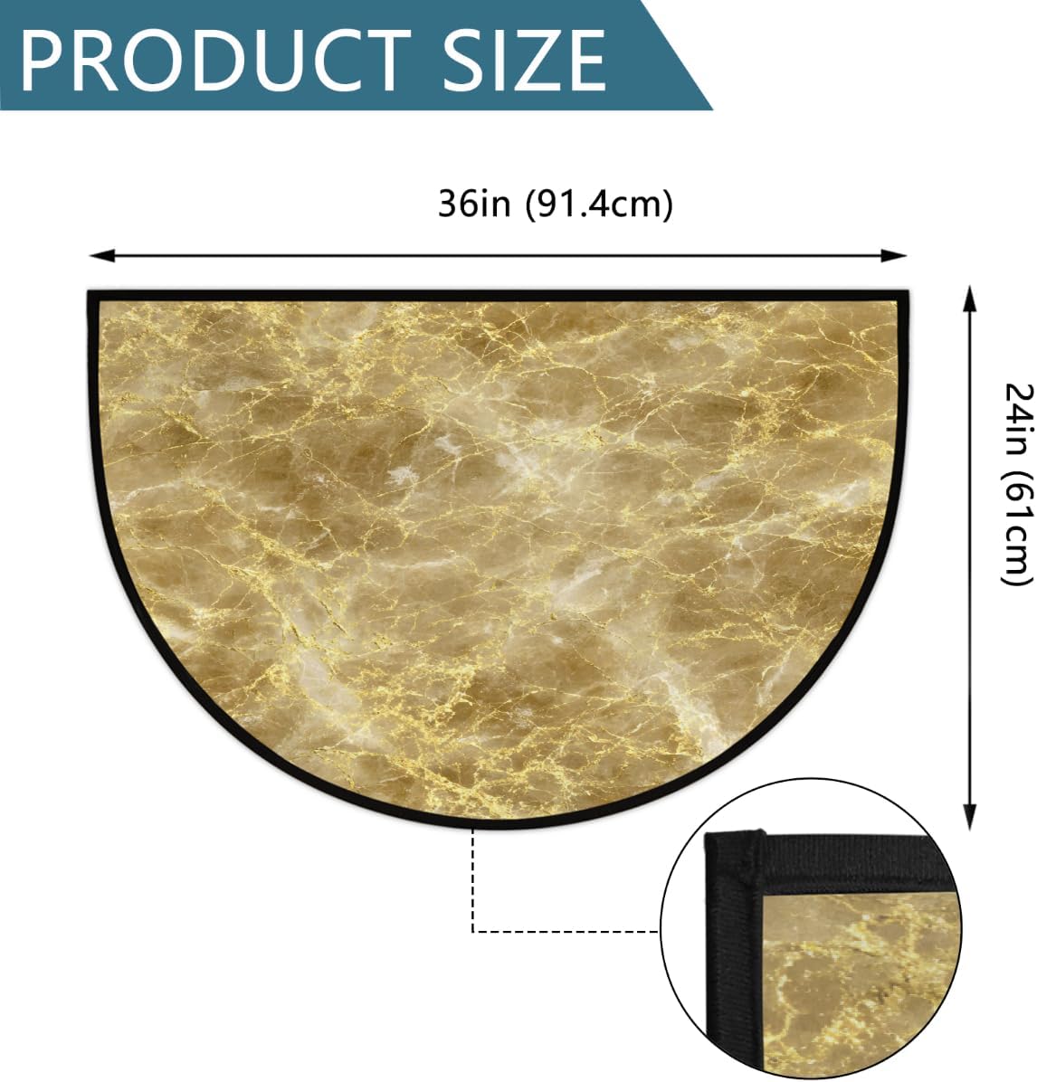 Half Round Door Mat Gold Abstract Marble Non Slip Absorbent Semi Circle Area Rugs Washable Half Moon Floor Mats for Indoor Patio Kitchen Bathroom Entryway Fireplace Home Carpet Decor