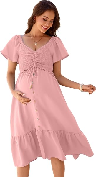 YesFashion Robe de grossesse à manches courtes pour femme enceinte à volants maxi robe d'allaitement (emballage réutilisable) - 1
