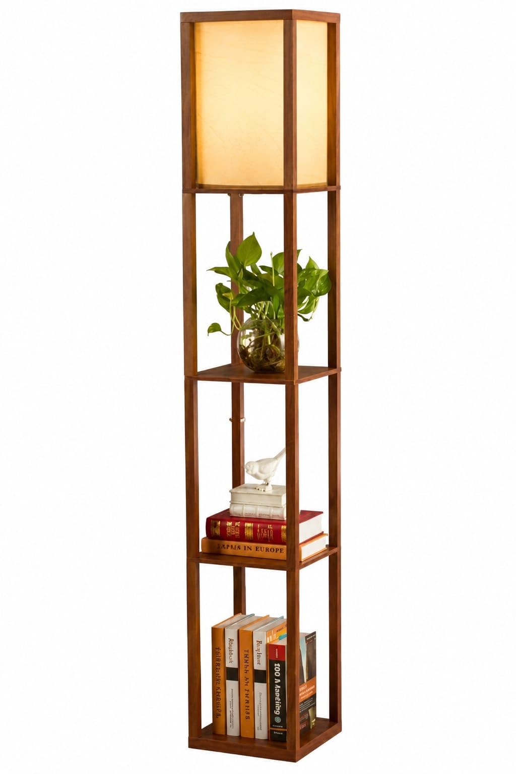 Modern Wooden Shelf Floor Lamp with Clear Shade – Polished Finish Standing Lamp with Storage Display for Living Room Bedroom Corner – E27 Bulb Base – Modern Home Décor – Made in India..-image-3