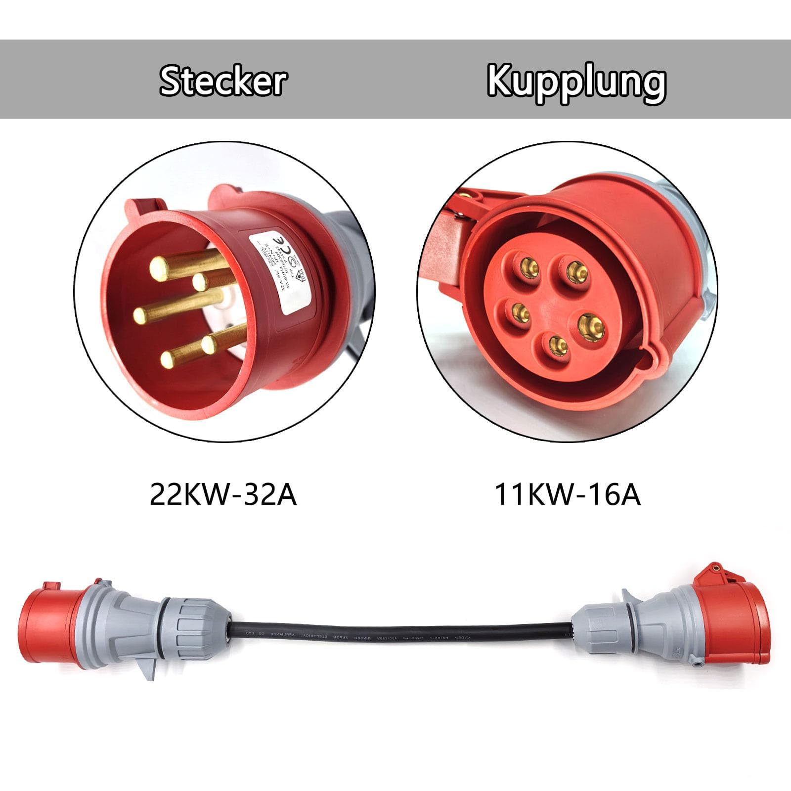 Adattatore CEE da accoppiamento 16A a spina 32A, 5 poli per veicoli elettrici, caricabatterie EV (P34542)