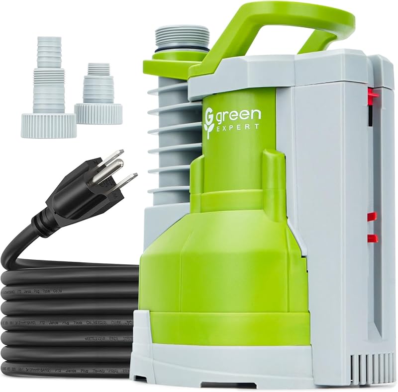 Green Expert 1/2 HP Submersible Sump Pump 3000GPH High Flow with Built-in Float Switch, Portable Drain System with 25-foot Long Power Cord for Easy Installation Automatic/Manual Switchable