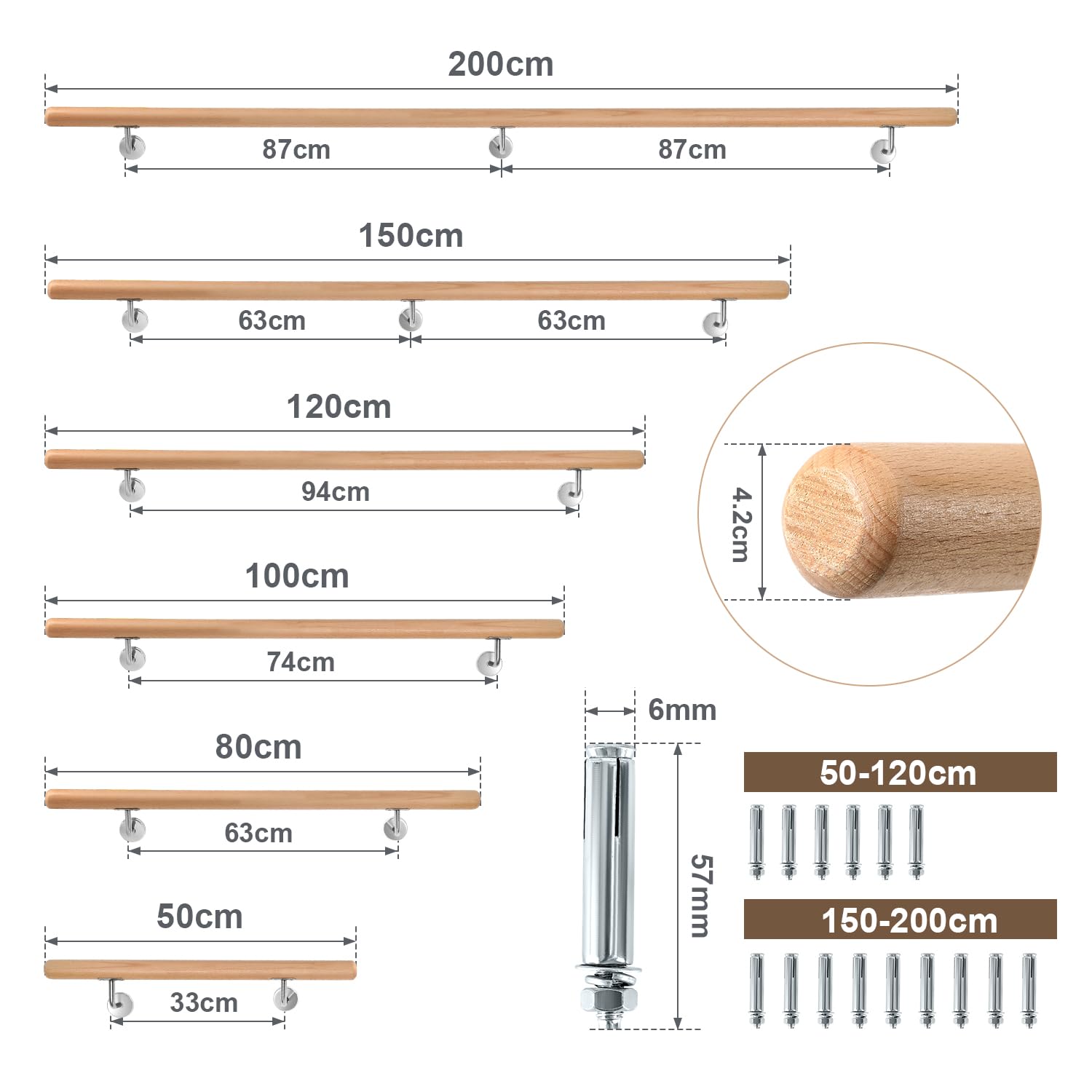 Corrimano in legno di faggio, ringhiera per scale, 50 cm, con supporto a parete, corrimano in legno antiscivolo, per scale, corridoi, scale da giardino, balcone, soffitta