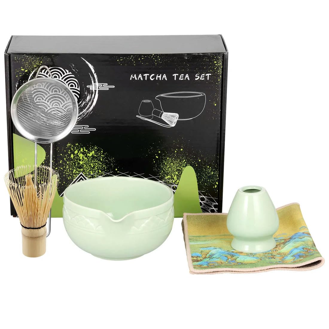 7-teiliges handgefertigtes Matcha-Schneebesen-Geschirrtuch-Set aus Keramik für Zuhause, temperaturbeständig, Matcha-Schüssel-Schaufel-Set, leicht zu reinigen
