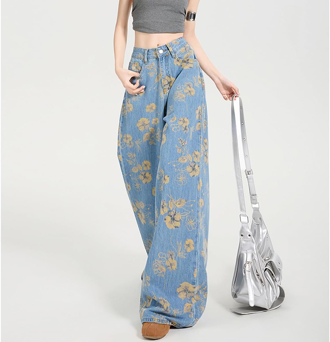 Fashion Casual Women's Jeans High Waisted Y2K Vintage Cute Floral Printed Streetwear Baggy Denim Pants - Image 4