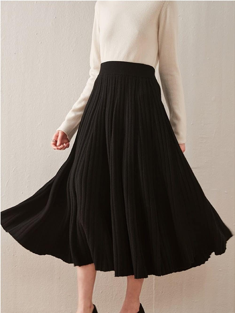 Damen Midi Rock Faltenrock Elegant Elastic Gleary High Tailled Rock Strickrock Sretchy bequemer A-Linie-Longrock, Schwarz, XL