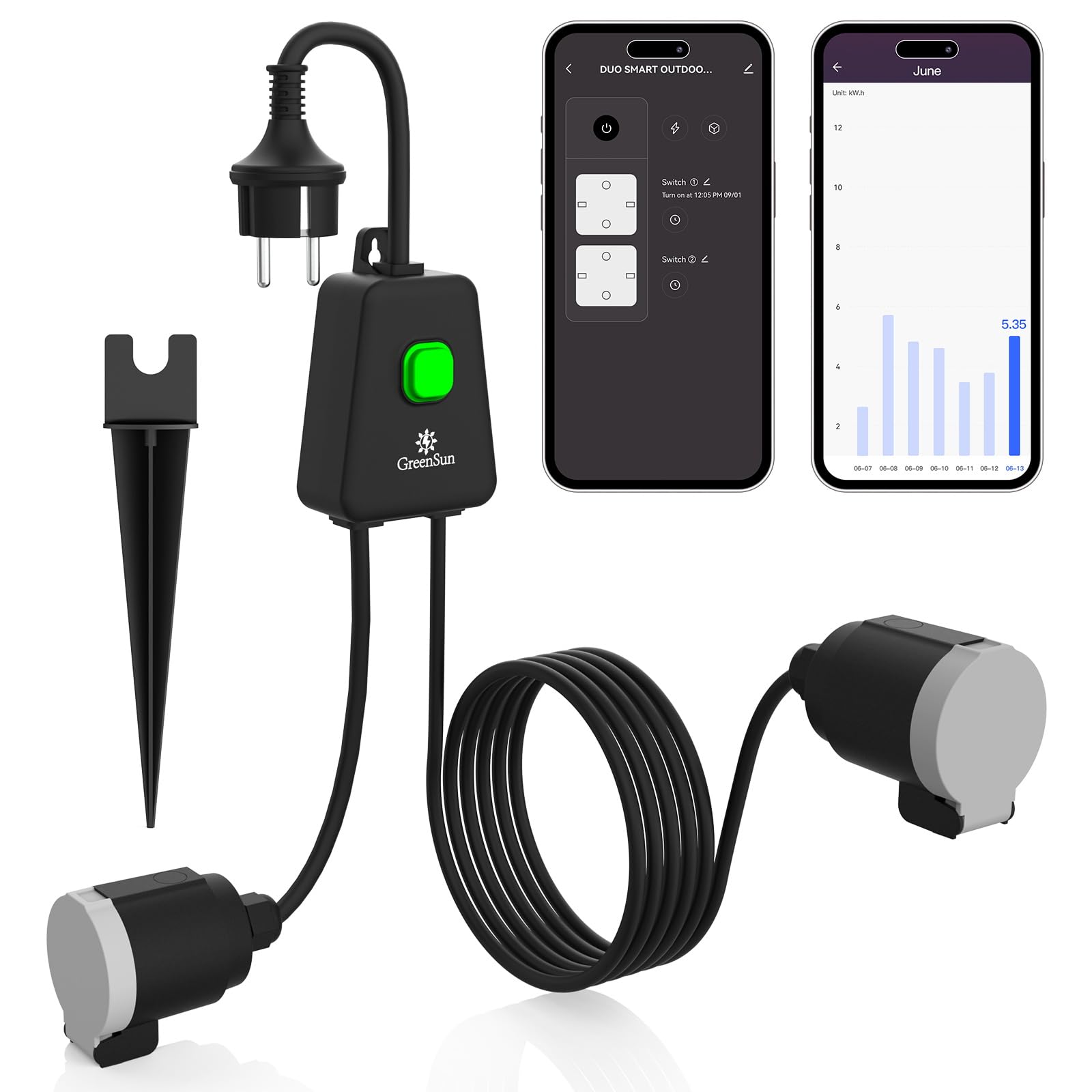 GreenSun Presa Wi-Fi per esterni, timer per esterni, presa intelligente per esterni, impermeabile, IP44, misurazione della corrente funziona con Alexa 16 A, 3840 W