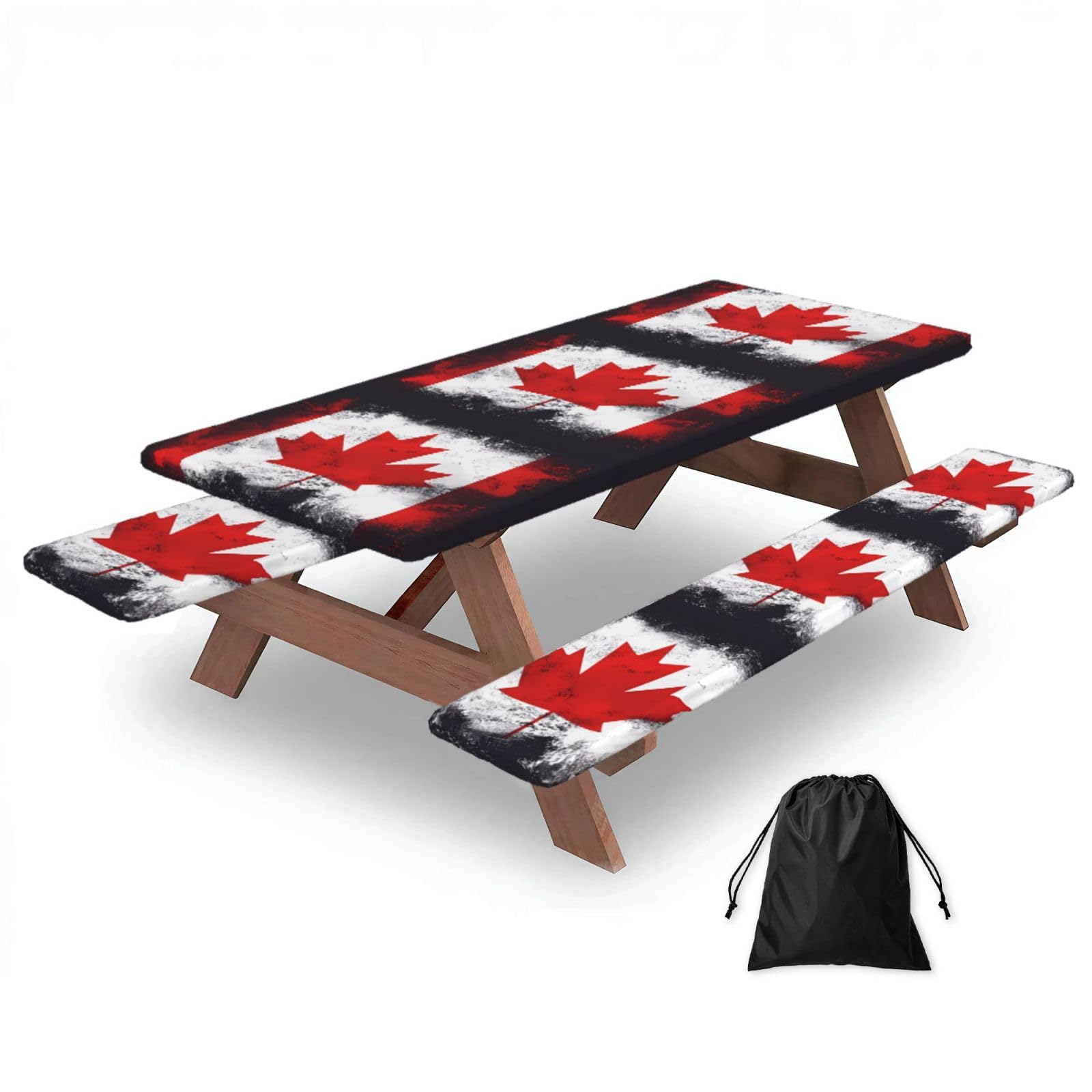 Hhbiuuo Black 72In Camping Table Cover & Bench Covers 3-Pack Set, Canadian Flag Print Tablecloths, For Rectangle Tables Picnic