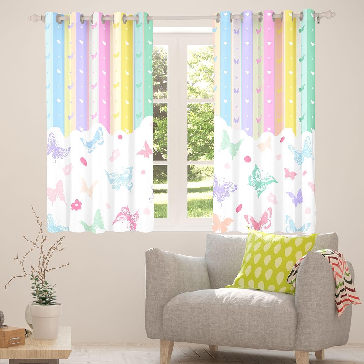 Feelyou Rainbow Stripe Window Treatments, 2 Panels 38 x 45 Inch Cute Butterfly Blackout Drapes Colorful Stripes Room Decor Princess Style Curtains for Bedroom Living Room image 4