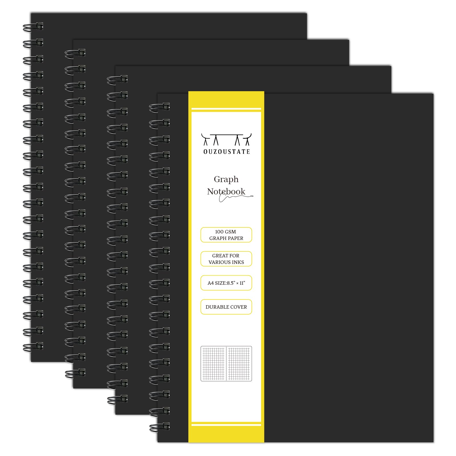 Graph Paper Spiral Notebook-A4 Grid Journal 8.5" x 11" - 4 Pack 160 Pages 100GSM Thick Paper Large Hardcover Notebooks for Note Taking Engineering Graphing Work School Supplies,Black