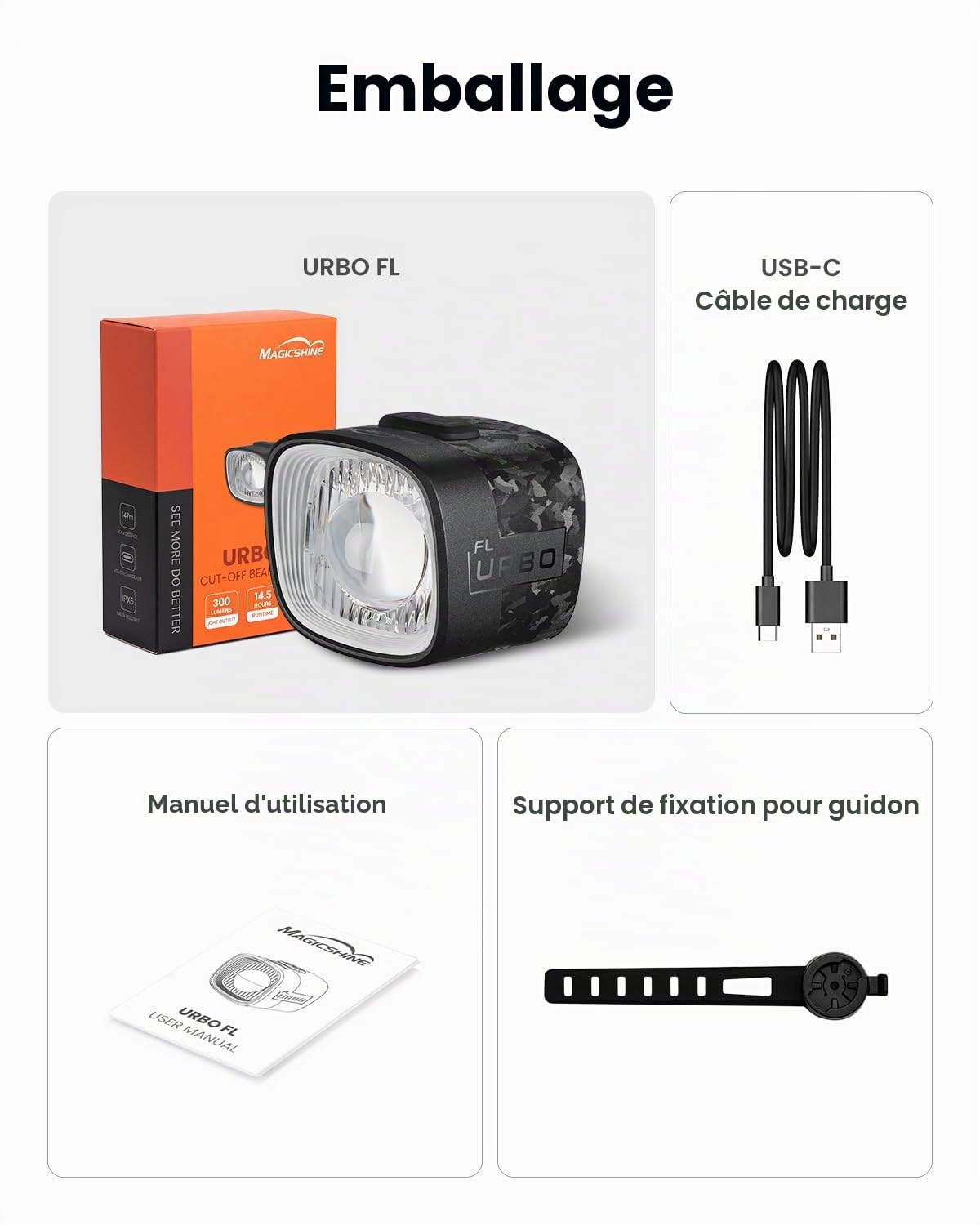 Magicshine Éclairage vélo ultraléger URBO FL 48g, Phare Avant Ultra-Lumineux pour Les trajets urbains et Le Cyclisme sur Route, étanche IPX6, Fixation Rapide, Batterie 900 mAh, autonomie de 14,5 h