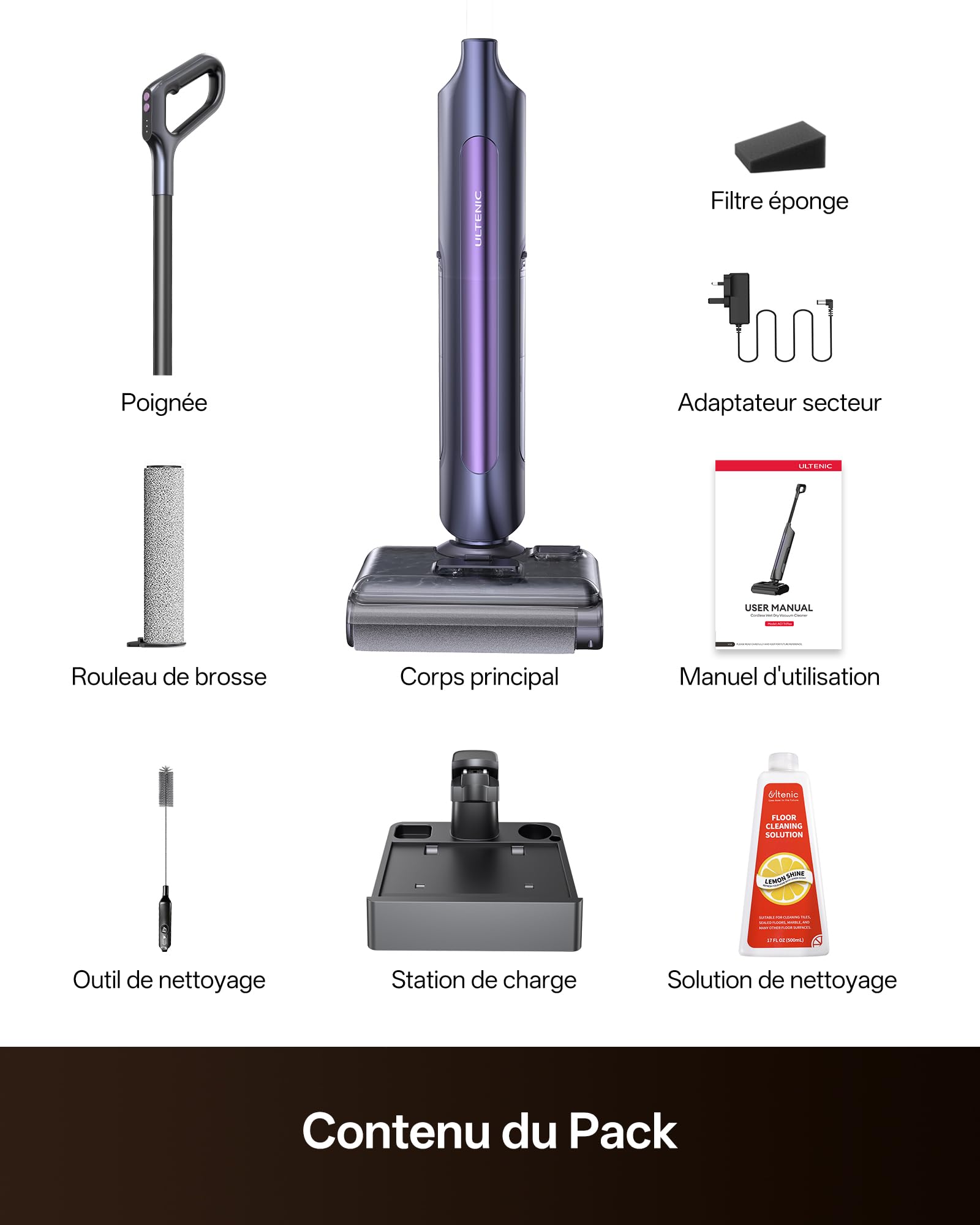 Ultenic AC1 Triflex Aspirateur Laveur, Aspirateur Sec Humide pour Sols durs, Nettoyage des Bords 0mm, Auto-Nettoyage Automatique, 55 Min, avec Voix Intelligente et Anti-Emballage de Cheveux